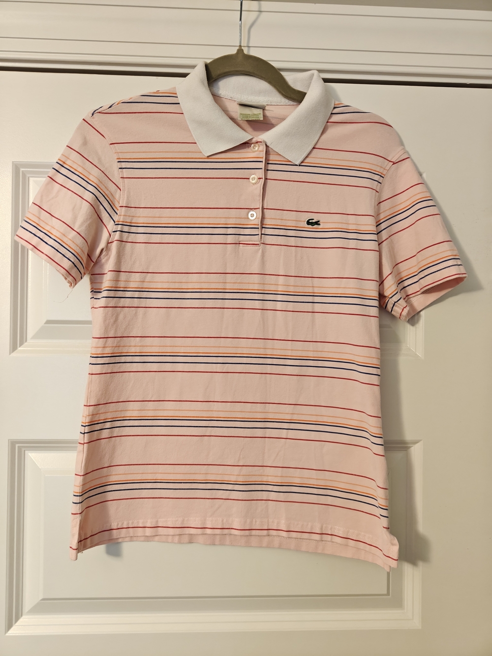 Vintage Lacoste Pale Pink Striped Polo with White Collar Made In France